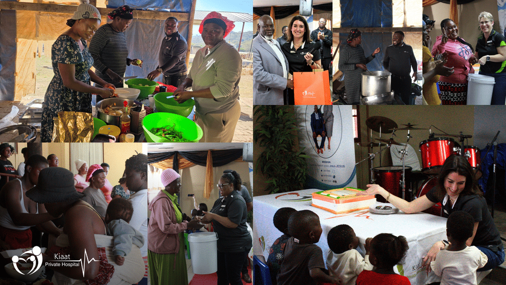 A multi-photo collage showcasing Kiaat Private Hospital's Mandela Day initiative, featuring staff and community members preparing meals together, presenting care packages, handing out supplies to community members, and children admiring the cake for the event.